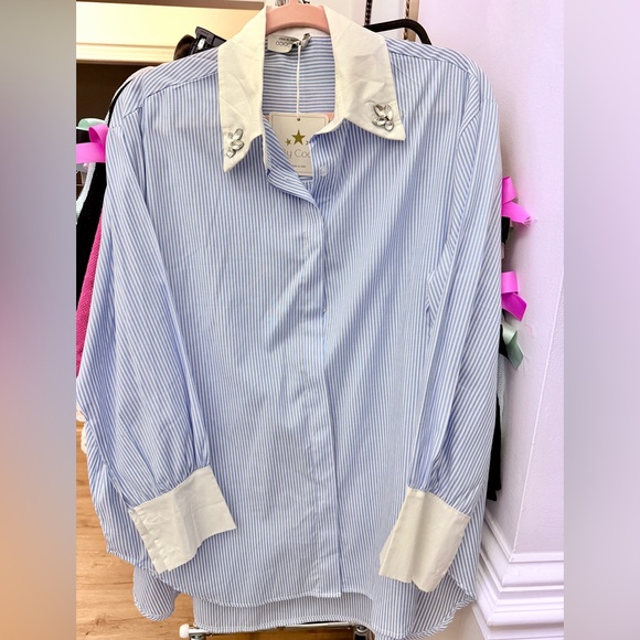ShopEvelynne Tops - MADE IN ITALY Blue Striped Shirt with White Collar